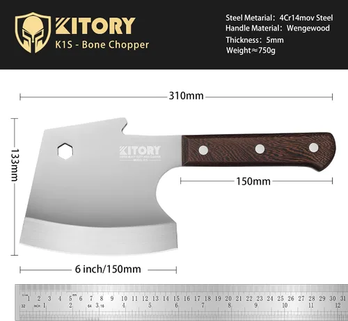 Miniatura 3 de Kitory Cuchilla de carne, cuchillo de corte de huesos resistente, hoja súper gruesa en forma de hachas de espiga completa, rompe huesos, cuchillo