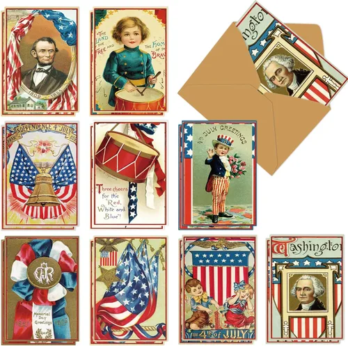 Whaline 36 tarjetas de felicitación patrióticas retro del 4 de julio, tarjetas vintage con sobres y calcomanías adhesivas para el Día de la