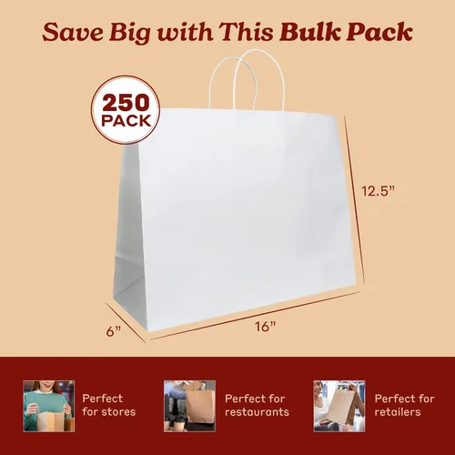 Miniatura 6 de PTP - 250 bolsas de mano para regalo, de papel, Kraft Perfectas para cumpleaños, bodas, vacaciones y toda ocasión Colores blanco o natural