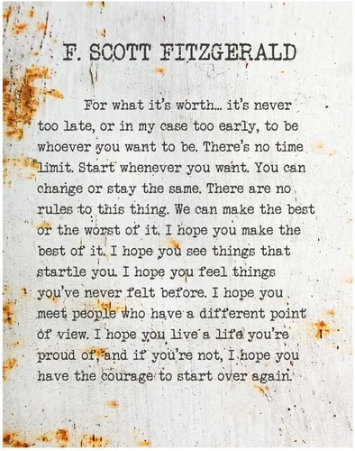 Miniatura 20 de F. Scott Fitzgerald - Por lo que vale la pena - Fondo de aspecto metálico - Impresión de página de libro de tipografía sin marco de 11x14 - Gran