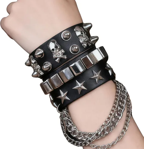 Miniatura 2 de Juego de 2 pulseras de cadena con tachuelas góticas, punk, calavera, estrella, remache, brazalete de los años 80, Emo Goth Punk Rock, accesorios
