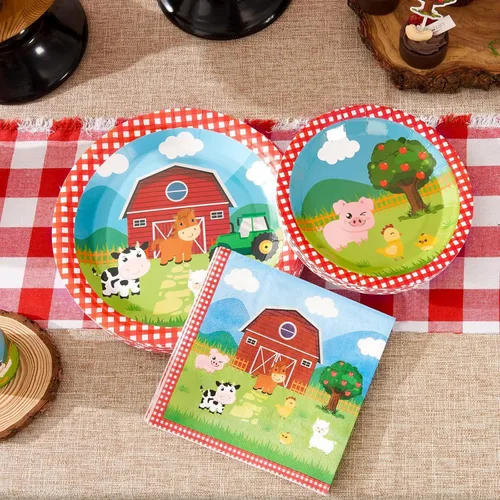 Miniatura 3 de WERNNSAI Platos y servilletas de granja – 48 piezas de decoración de cumpleaños de animales de granja, platos de papel de granero para niños, fiesta