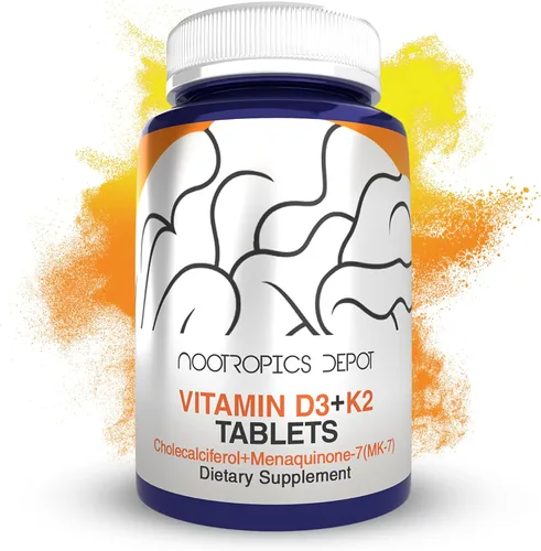 Nootropics Depot Vitamina D3 + K2 con tabletas de vitamina C | 365 unidades | 125μg | Equivalente a 5000 UI | Año de suministro
