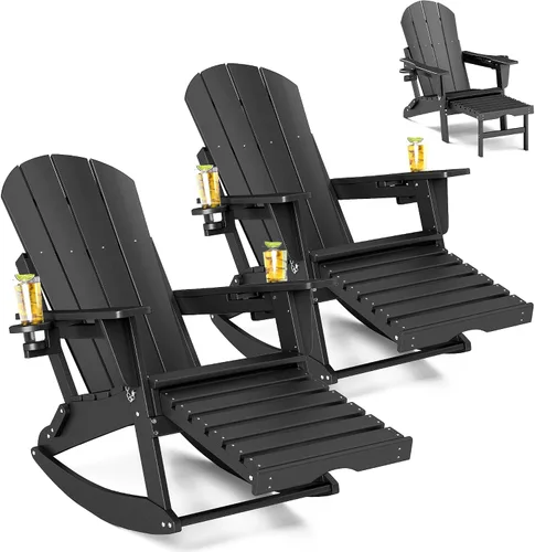 FOOWIN Juego de 2 mecedoras plegables Adirondack con otomana retráctil y portavasos, HDPE para todo tipo de clima, silla Adirondack para exteriores,