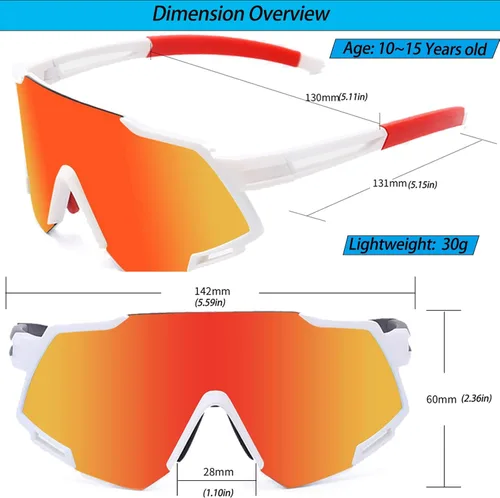 Miniatura 5 de Youth Viper Polarized Sunglasses for Kid Boys Girls Age 10-15 4 Interchangeable Lenses UV400 Glasses for Cycling Baseball rojo +blanco