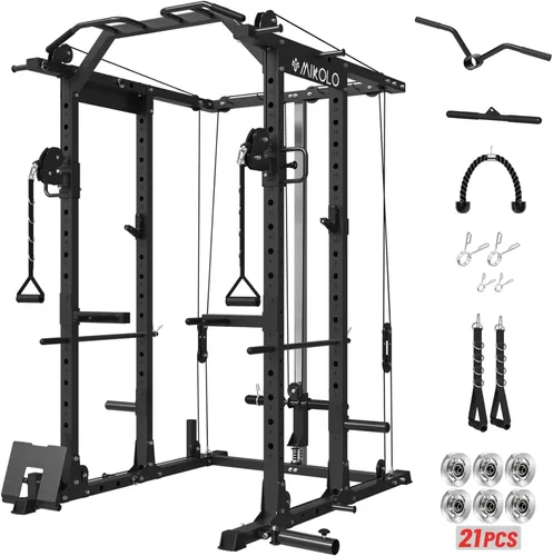 Miniatura 15 de Mikolo Jaula de Potencia, Rack de Potencia con Sistema de Cruce de Cables, 1500LBS Rack para Sentadillas con Sistema de Jalón LAT, Jaula de Rojo