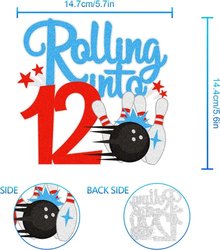 Miniatura 4 de Bowling Rolling Into 12 Happy 12th Birthaday - Decoración de pastel de bola de boliche de 12 cumpleaños con purpurina - Decoración de pastel