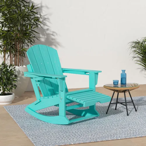 Miniatura 2 de Mecedora Adirondack de KINGYES con Otomana Retráctil y Portavasos, Silla Reclinable de Patio de HDPE Adirondack para Porche, Patio, Balcón, Azul Aqua
