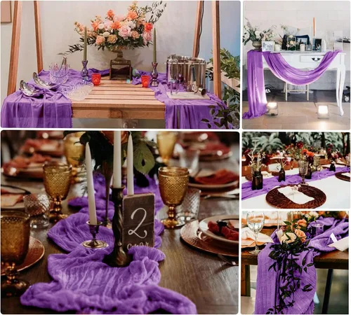 Miniatura 5 de Paquete de 8 caminos de mesa de gasa morada de 10 pies, camino de mesa de tela de queso de gasa de 35 x 120 pulgadas, romántico, bohemio, para boda