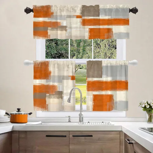 Miniatura 8 de Shrahala Beige and Orange Abstract Art Brushstrokes Blackout Curtain Tiers, Abstract Oil Paint Kitchen Valance Light Blocking Tier Drapes with Rod