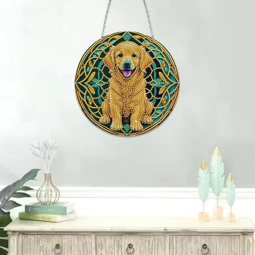 Miniatura 3 de LUSandy Kit de pintura de diamante 5D Golden Retriever DIY para colgar en la pared, letrero de arte para perro, diamante, atrapasoles, adorno