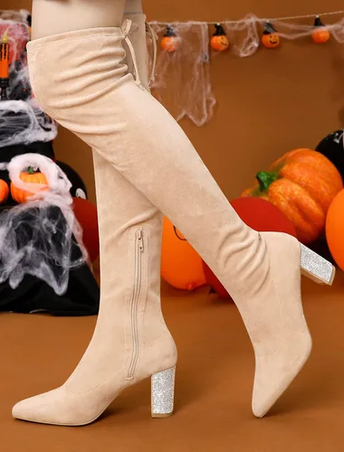 Miniatura 2 de Allegra K Botas altas de tacón grueso con diamantes de imitación brillantes para mujer