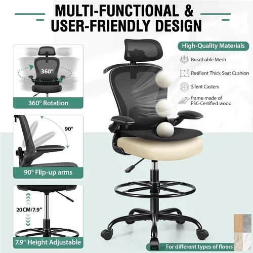 Miniatura 8 de Silla de Dibujo, Silla de Oficina Alta con Soporte Lumbar y para la Cabeza 3D, Silla Ergonómica de Malla para Escritorio de Pie con Reposapiés, Negro