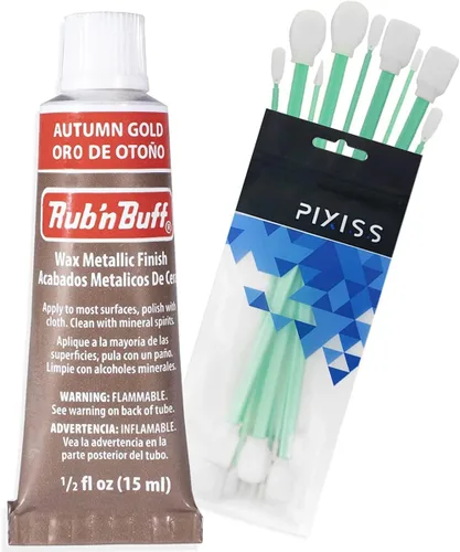 Miniatura 10 de Pinceles de cera Rub 'n Buff tonos dorados y Pixiss - hoja de oro, oro griego, oro antiguo (15ml) - Pintura de cera de dorado con brillo Paquete