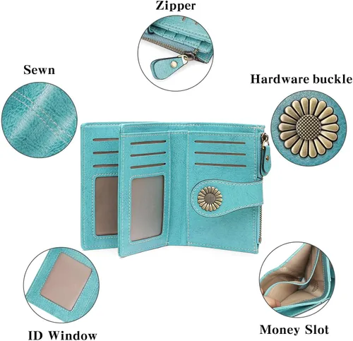 Miniatura 105 de SENDEFN - Billetera pequeña de piel auténtica para mujer, diseño plegable con ventana para tarjeta de identificación