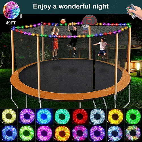 Miniatura 4 de Yoluckea 1500 libras 10 12 14 15 16 pies para adultos y niños con rociador, luces, aro de baloncesto, bolas de agua, 16 calcetines, trampolín