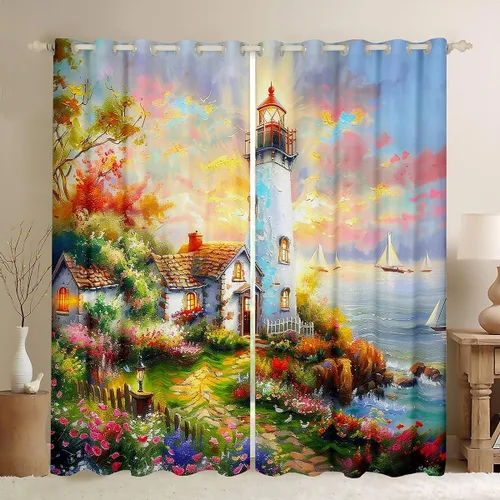 Miniatura 26 de Erosebridal Nautical Lighthouse Blackout Curtains 30-50% Navigation Theme Curtains for Women Men Watercolor Seascape Window Treatments Coastal Night