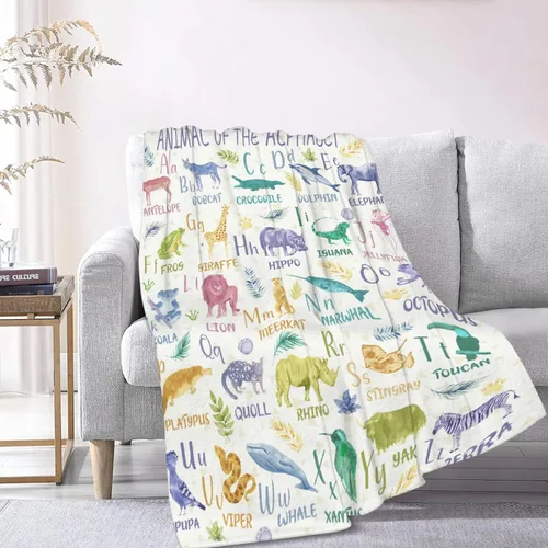 Miniatura 9 de Manta de franela con diseño del alfabeto de animales, súper suave, ligera, para niños, adultos, adecuada para sofá, cama, campamento, viajes, todas