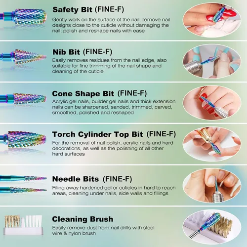 Miniatura 2 de Rolokit Juego de 6 brocas para uñas con cepillo de limpieza, brocas profesionales de carburo de tungsteno de 3/32 pulgadas, brocas para quitar