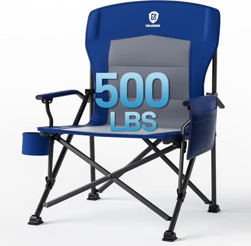 EVER ADVANCED Silla de campamento plegable de gran tamaño, para adultos, silla de césped resistente con bolsillos laterales, silla cuádruple Azul