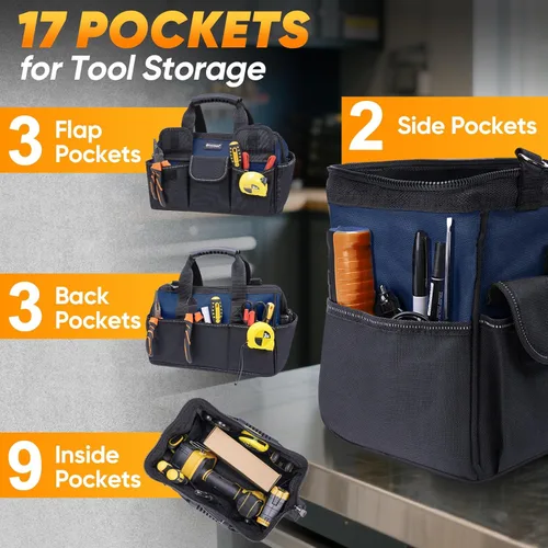 Miniatura 6 de TICONN Bolsa de herramientas resistente con múltiples bolsillos, organizador de caja de herramientas portátil, bolsa de almacenamiento, con correa