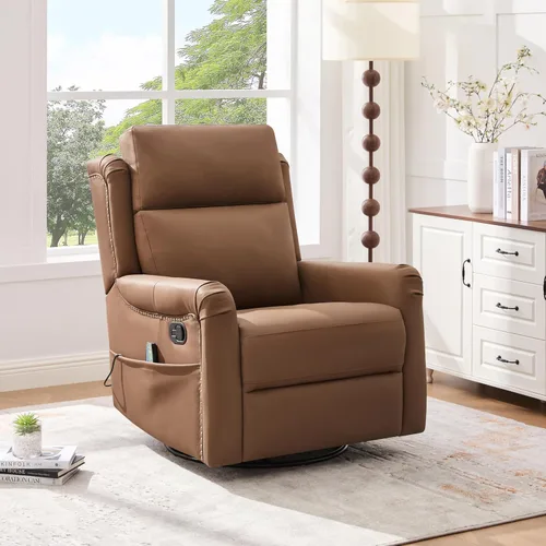 Merax Silla reclinable manual moderna con masaje y calor, mecedora giratoria de 270°, tapizada de piel sintética, reclinable de cine en casa con