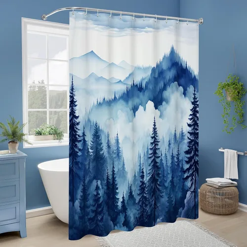 Miniatura 2 de Litabel - Cortina de ducha negra pequeña de 36 x 72 pulgadas, diseño de bosque de pino neblinoso, cortinas de ducha estrechas de medio