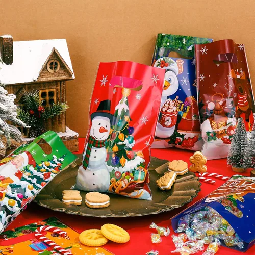 Miniatura 3 de Hotop - 150 bolsas de Navidad para aperitivos, recuerdos de fiesta de plástico con asas, envoltura de regalo para suministros de decoración