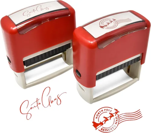Gift Boutique Juego de 2 sellos de goma autoentintados de Navidad con sello de firma de Santa Claus y sello de correo de reno del Polo Norte en