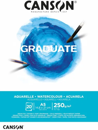 CANSON Acuarela Graduate A5 Papel A5 de 8.82 oz/m², prensado en frío, lado corto pegado, 20 hojas blancas naturales, ideal para estudiantes artistas
