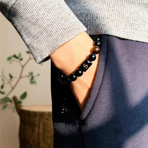 Miniatura 105 de SUMMER LOVE Regalos para el Día del Padre, pulsera con inicial de piedra de ónix negro de 0.394 pulgadas para hombres, pulsera de cuerda trenzada