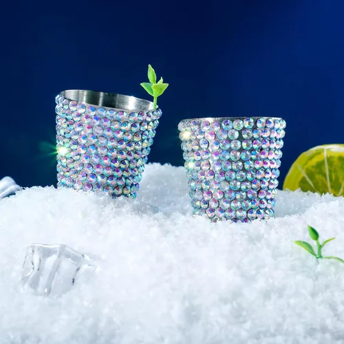 Miniatura 3 de Tioncy Paquete de 12 vasos de chupito de acero inoxidable con diamantes de imitación de 1 onza, mini vaso con brillantina, vasos pequeños de metal
