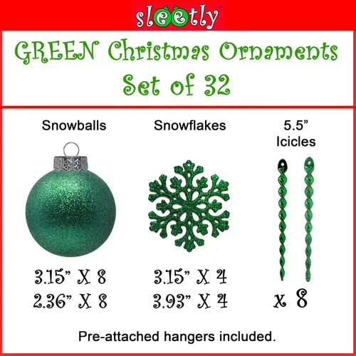 Miniatura 2 de Adornos de Navidad verdes – Juego de 32 piezas de decoraciones de plástico inastillables para árbol de Navidad, 16 bolas de nieve con purpurina