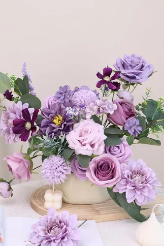 Miniatura 3 de Juego de caja de flores artificiales moradas, combo de rosas falsas y dalias para manualidades, boda, centro de mesa, buqué de novia, baby shower