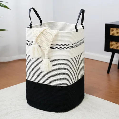 Miniatura 18 de danpinera Cesta Grande de Lavandería – Cesta de Almacenamiento Tejida de Algodón Alto de 75L con Asas de Cuero, Cesta de Ropa Sucia Esbelta, Cesta
