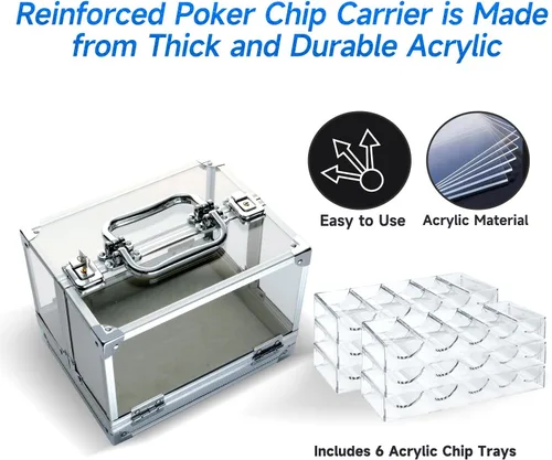 Miniatura 3 de GSE Poker Chip Case, 600pcs/1,000pcs Acrylic Poker Chip Case Casino Acrylic Poker Chips Carrier con bandejas de fichas de póquer Estuche