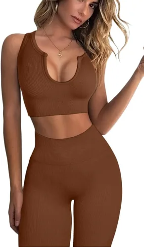 QINSEN Conjuntos de entrenamiento para mujer, 2 piezas, acanalados, sin costuras, sin mangas, cintura alta, leggings de yoga