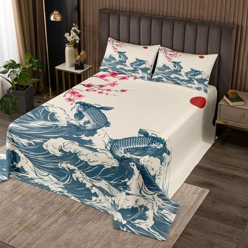 Miniatura 7 de Manfei Colcha de flores de cerezo tamaño individual, juego de colcha de cielo estrellado de nubes de luna, decoración de habitación para niñas