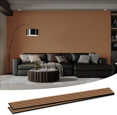 Miniatura 14 de Paquete de 4 paneles acústicos de pared de 105.9" x 12.6" x 0.8" que absorben sonido, paneles de pared de listones de madera para decoración de Teca