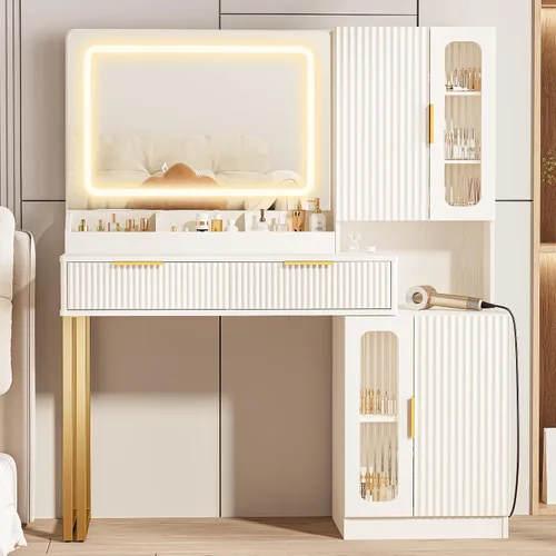 Moderno escritorio de maquillaje de 45 pulgadas con espejo y luces, tocador de maquillaje con 5 estantes y 2 cajones y gabinete, mesa de tocador con