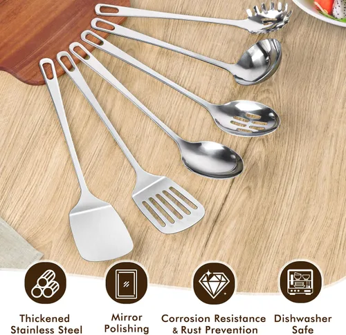 Miniatura 2 de Juego de 9 utensilios de cocina de acero inoxidable, herramientas de cocina de metal resistentes al calor, incluye espátula Wok sólida y ranurada