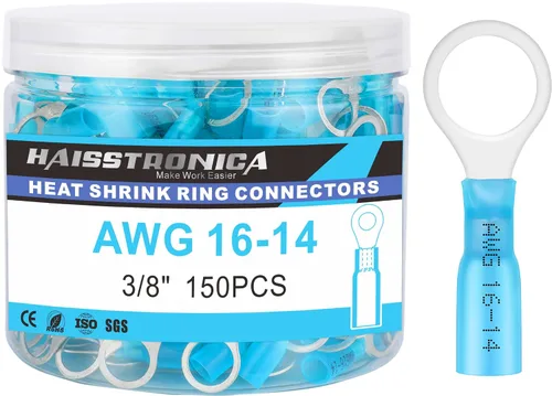 Miniatura 15 de Haisstronica - 200 conectores de anillo termorretráctil de calibre 1/4" de grado marino, conectores de alambre azul AWG 16-14, conectores de anillo