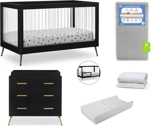 Delta Children Sloane Crib - Juego de muebles de bebé de 7 piezas, incluye: cuna convertible, cómoda, cambiador, colchón de cuna, sábanas bajeras,