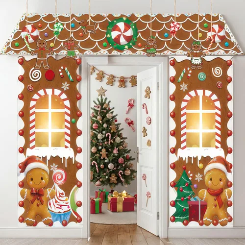 Miniatura 6 de Puerta de Pan de Jengibre de Navidad con Luces, Decoraciones de Cubierta de Cartón, Letrero de Pancarta de Porche de Dulces de Casa de Pan
