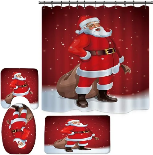 Miniatura 2 de Juego de 4 cortinas de ducha con alfombra antideslizante, cubierta para tapa de inodoro y tapete de baño, cortina de ducha de poliéster de Papá Noel