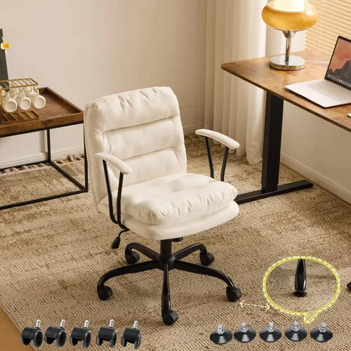 VINGLI Silla de escritorio acolchada blanca con/sin ruedas, base doble, reposabrazos removibles, silla giratoria ajustable y cómoda para Blanco