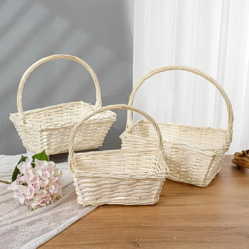Miniatura 2 de Juego de 3 cestas de mimbre tejidas a mano con asa para cosecha ligera para almacenamiento, cestas de regalo, pícnics, huevos de Pascua