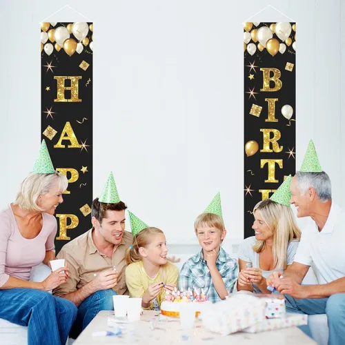 Miniatura 4 de Cartel de feliz cumpleaños negro y dorado, cartel de feliz cumpleaños, cartel de puerta de porche, letrero colgante de pared para exteriores e