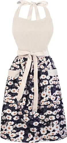 Miniatura 12 de Bonitos delantales florales para mujer con bolsillos, delantal de algodón ajustable con correa para el cuello para cocina, cocina, hornear