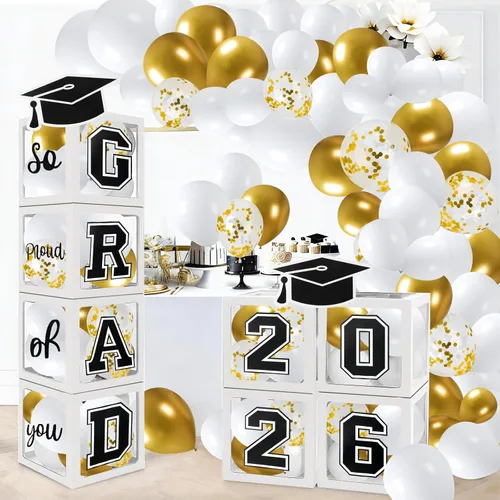 Miniatura 8 de Decoraciones de graduación 2026, juego de 4 cajas con 129 globos arco guirnalda kit suministros de fiesta para cualquier grado negro